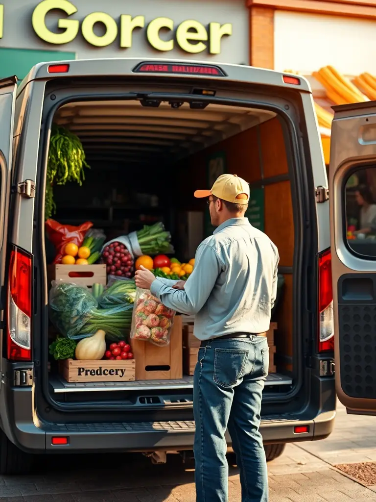 A delivery truck loaded with fresh produce and meats leaving Humphrey's Market, symbolizing their reliable wholesale distribution services to local businesses.