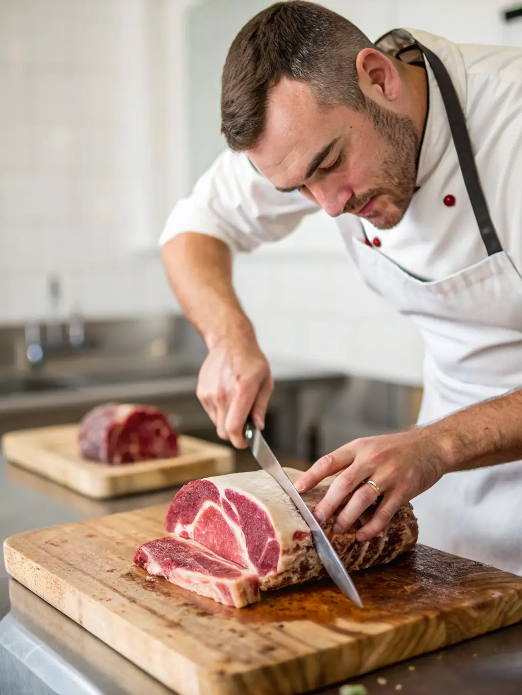A professional butcher slicing fresh cuts of meat in Humphrey's Market’s butcher shop, highlighting the skill and care taken in preparing their premium meats.
