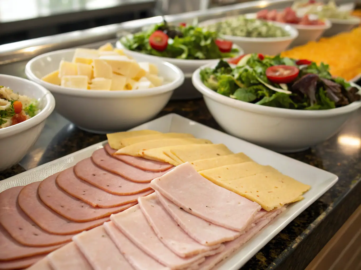 A tempting display of freshly prepared sandwiches, salads, and hot dishes at Humphrey's Market's deli counter, emphasizing the convenience and deliciousness of the ready-to-eat options.