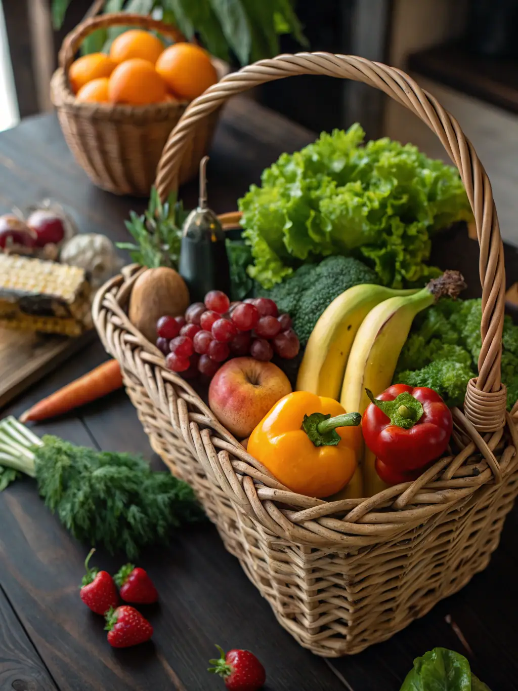 A vibrant display of colorful fruits and vegetables arranged in baskets and crates at Humphrey's Market, showcasing the freshness and variety of their produce.