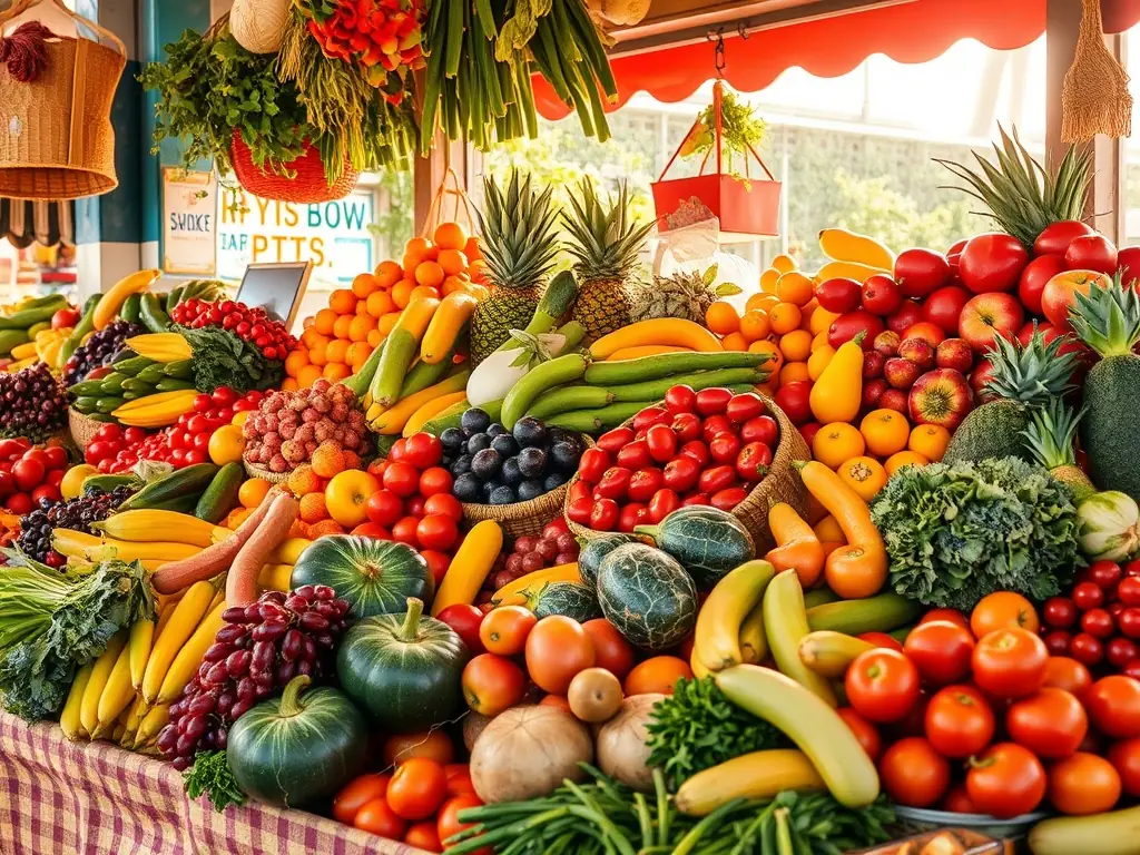 A vibrant display of fresh, locally-sourced fruits and vegetables at Humphrey's Market, showcasing the colorful variety and quality of the produce.