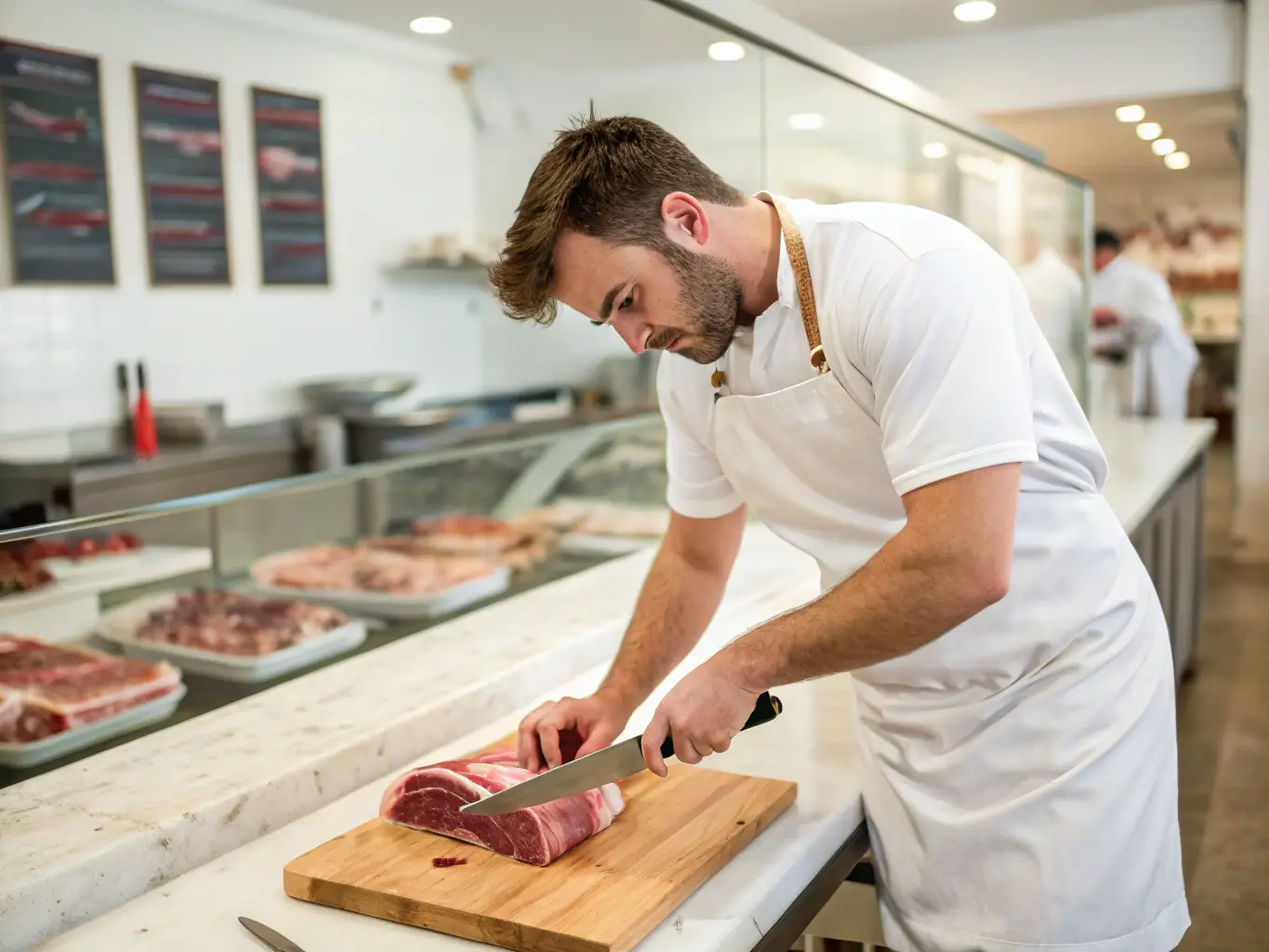 A butcher expertly preparing a selection of premium cuts of meat at Humphrey's Market, highlighting the craftsmanship and quality of the meat selection.